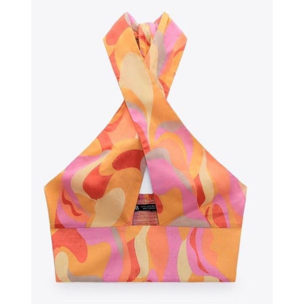 Zara Floral Halter Crop Top~Medium~100% Cotton FUN RETRO PRINT